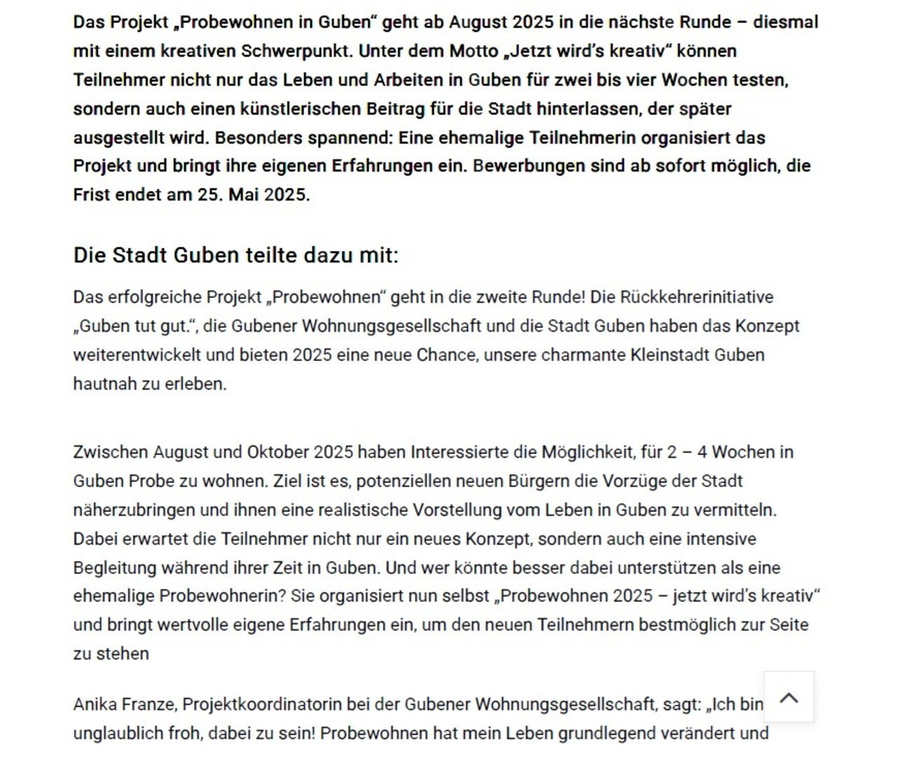 Artikel zum Probewohnen in Guben 2025 auf NiederlausitzAktuell