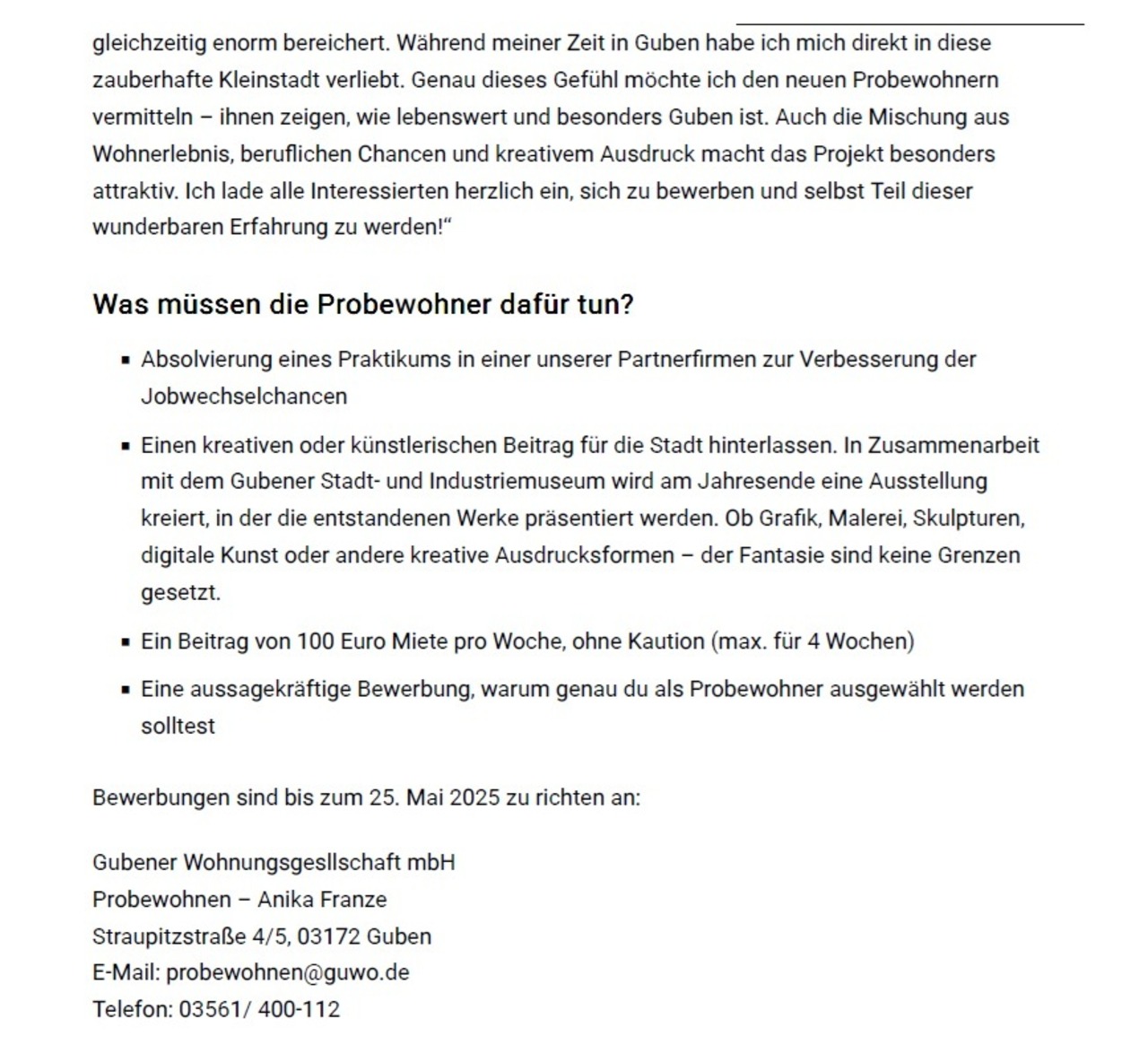 Artikel zum Probewohnen in Guben 2025 auf NiederlausitzAktuell