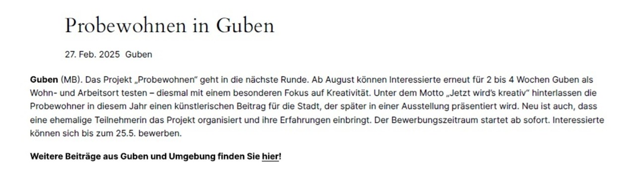 Artikel zum Probewohnen in Guben 2025 im Märkischer Bote