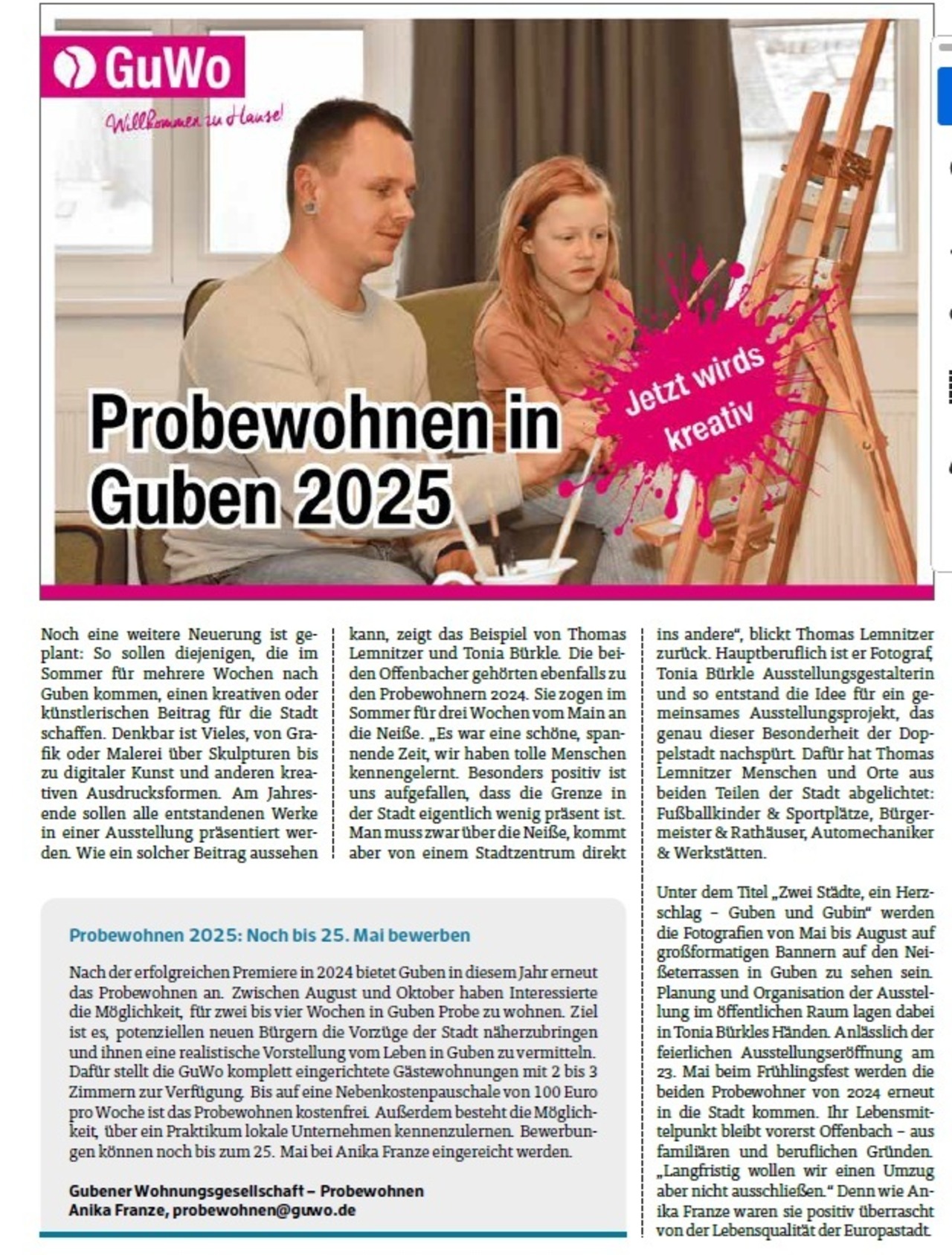 Artikel zum Probewohnen in Guben 2025 im Stadtgeflüster der Gubener Wohnungsgesellschaft mbH
