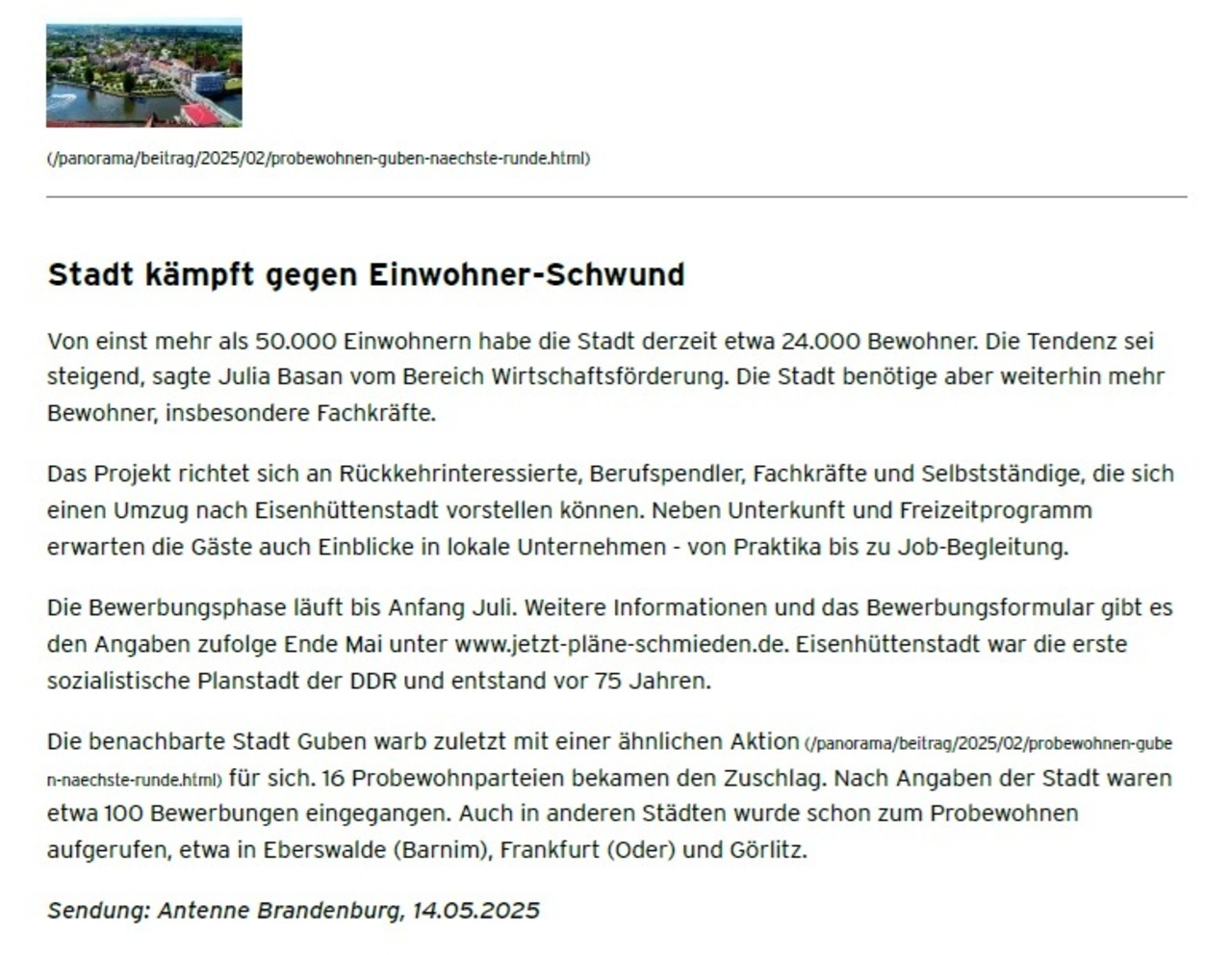 Artikel Probewohnen Guben 2025 bei rbb24