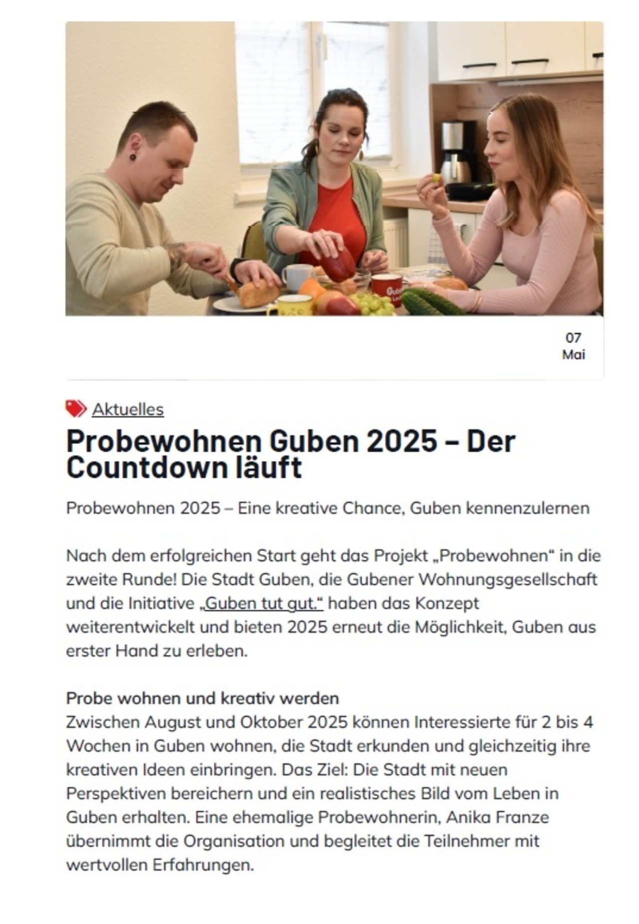 Artikel Probewohnen Guben 2025 auf ankommeninbrandenburg.de