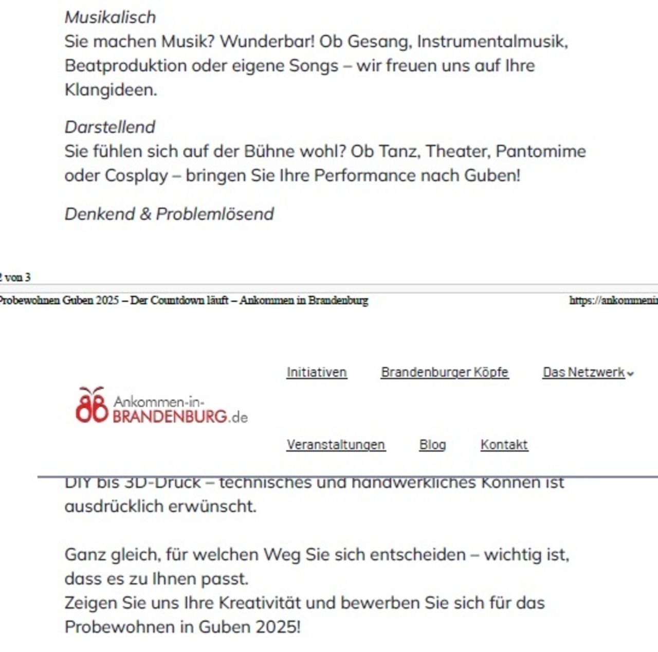 Artikel Probewohnen Guben 2025 auf ankommeninbrandenburg.de