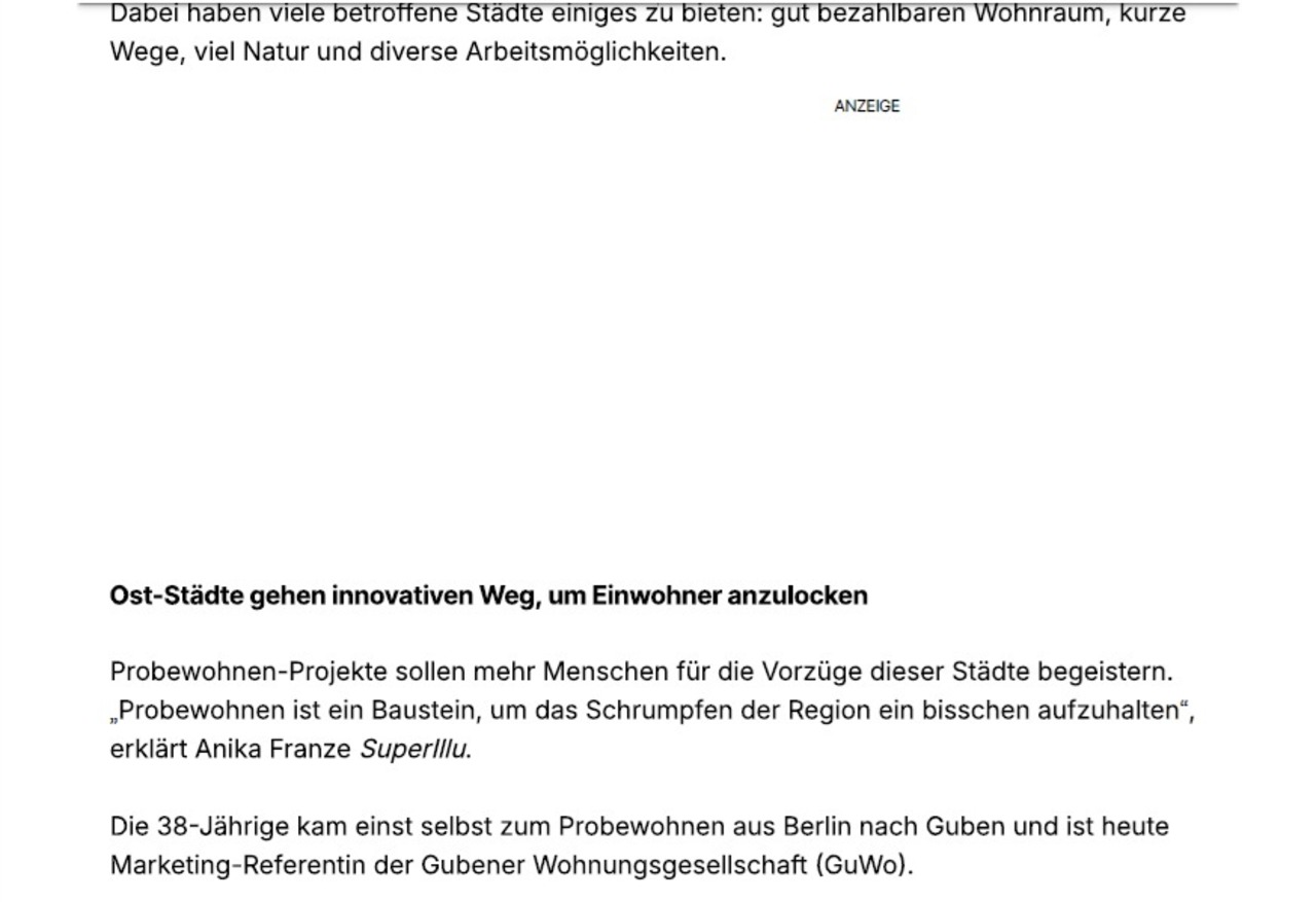 Arktikel Probewohnen Guben auf focusonline